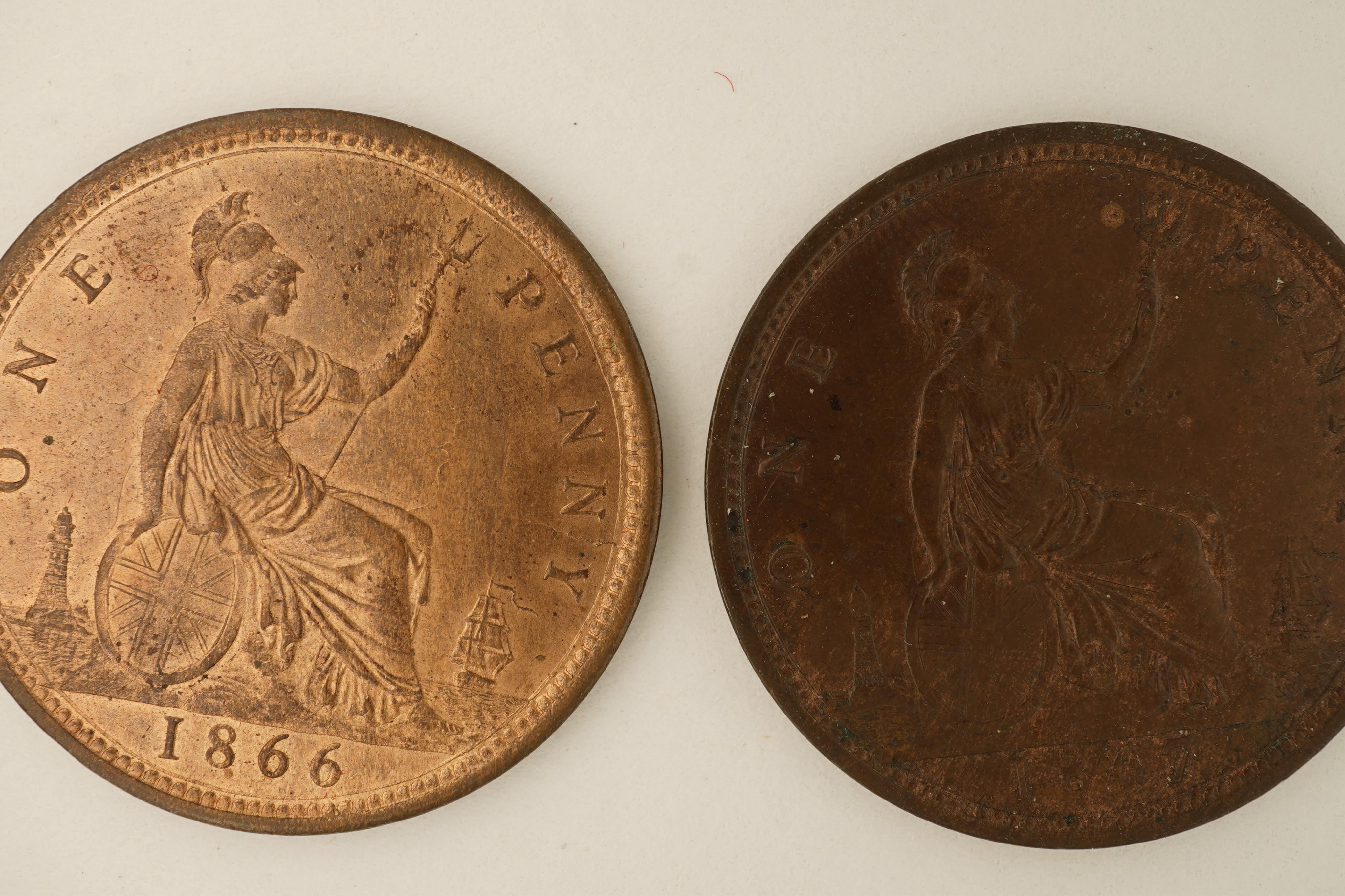 British coins, Victoria, two bronze pennies;, 1866, Fr. 52, Gouby dies J/G, EF, much lustre., 1867, Fr. 53, Gouby dies J/G, about EF, dark toned.
